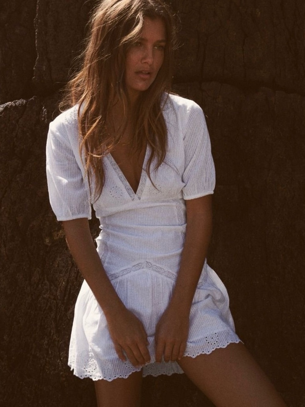 Zara White Eyelet Lace V-Neck Cotton Mini Dress S